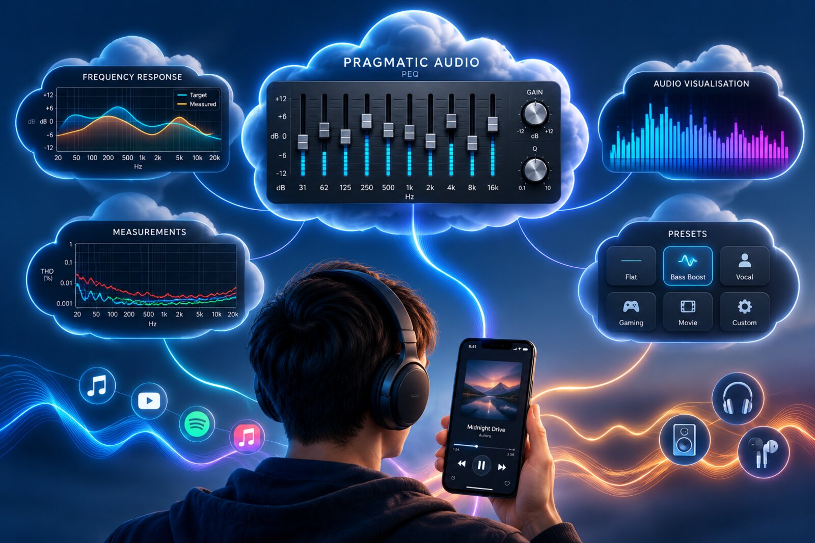 An illustration of system-wide PEQ: any music app, through Pragmatic Audio PEQ, to any headphones or speaker