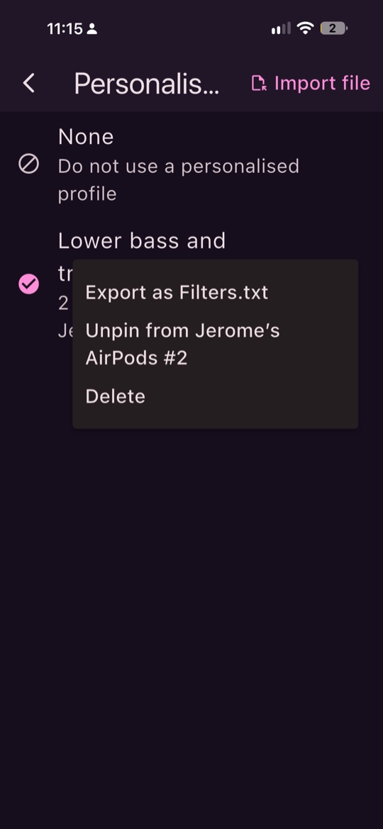 The profile menu