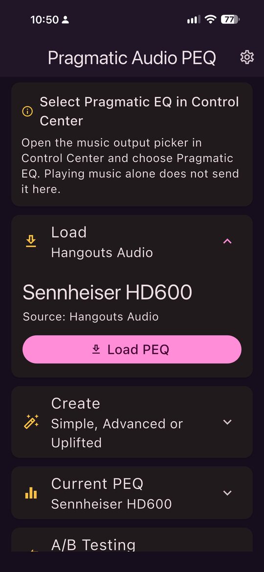 The Load card after importing a PEQ