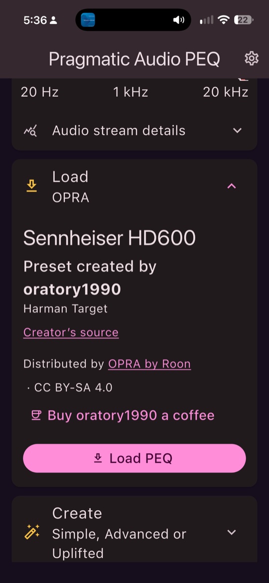 An OPRA preset with its creator credited