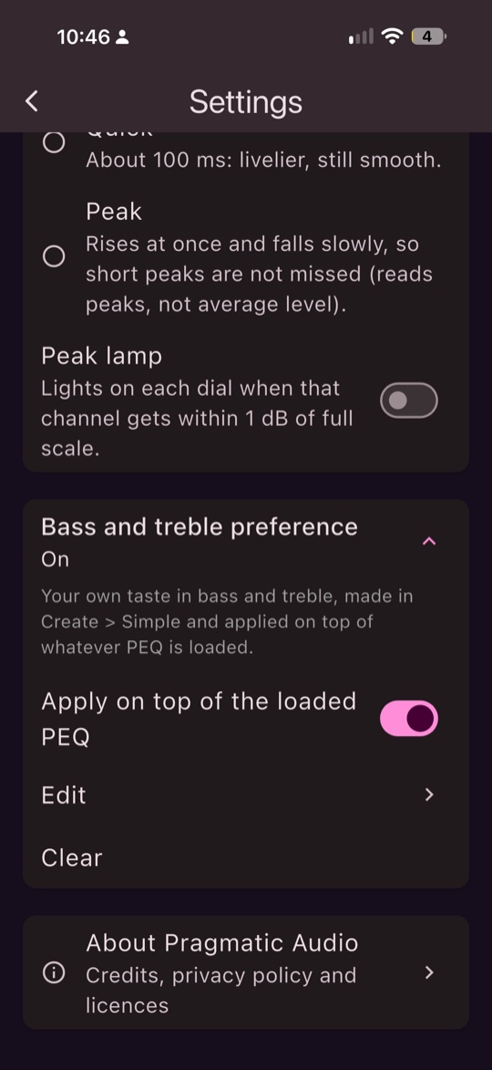 Settings > Bass and treble preference