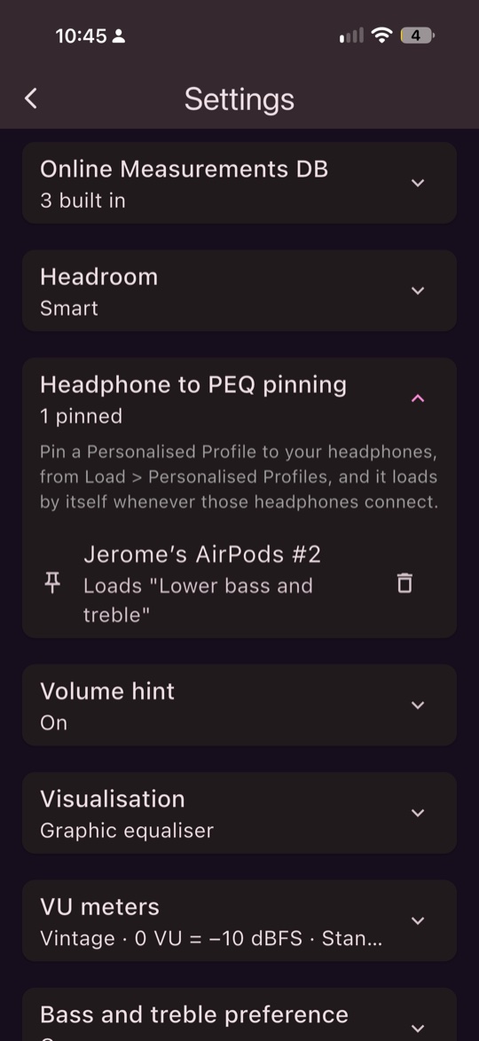 Settings: Headphone to PEQ pinning