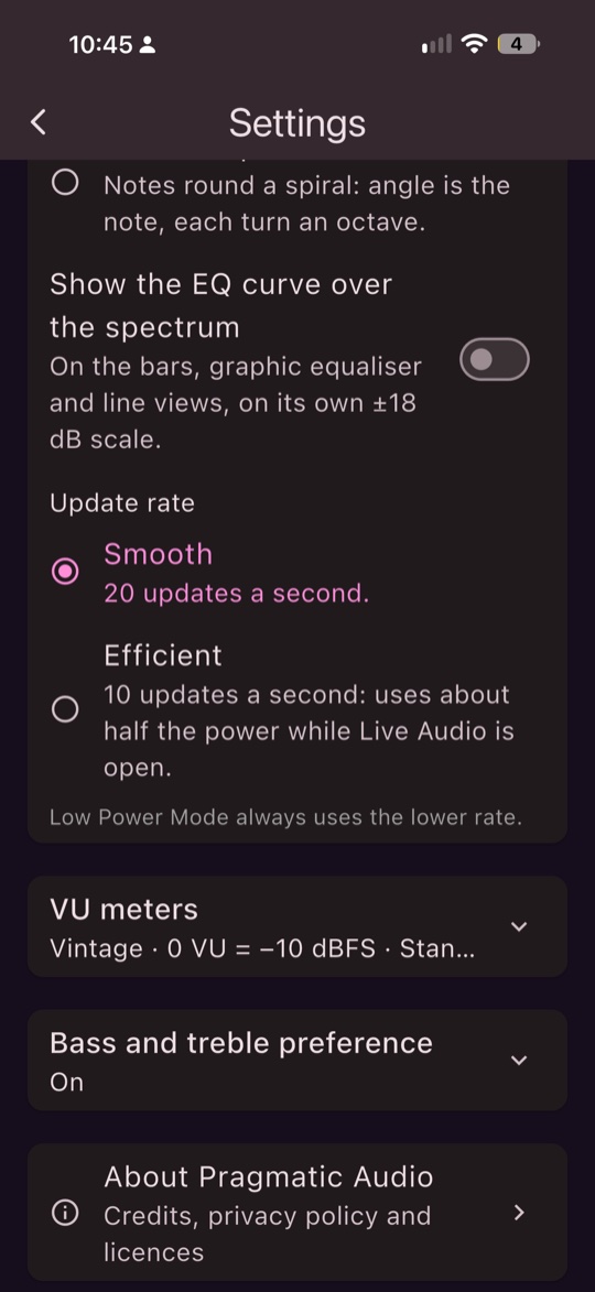 Settings: update rate and the EQ curve overlay
