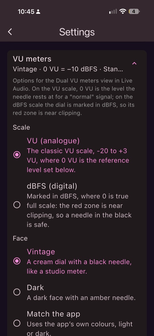 The VU meter options in Settings