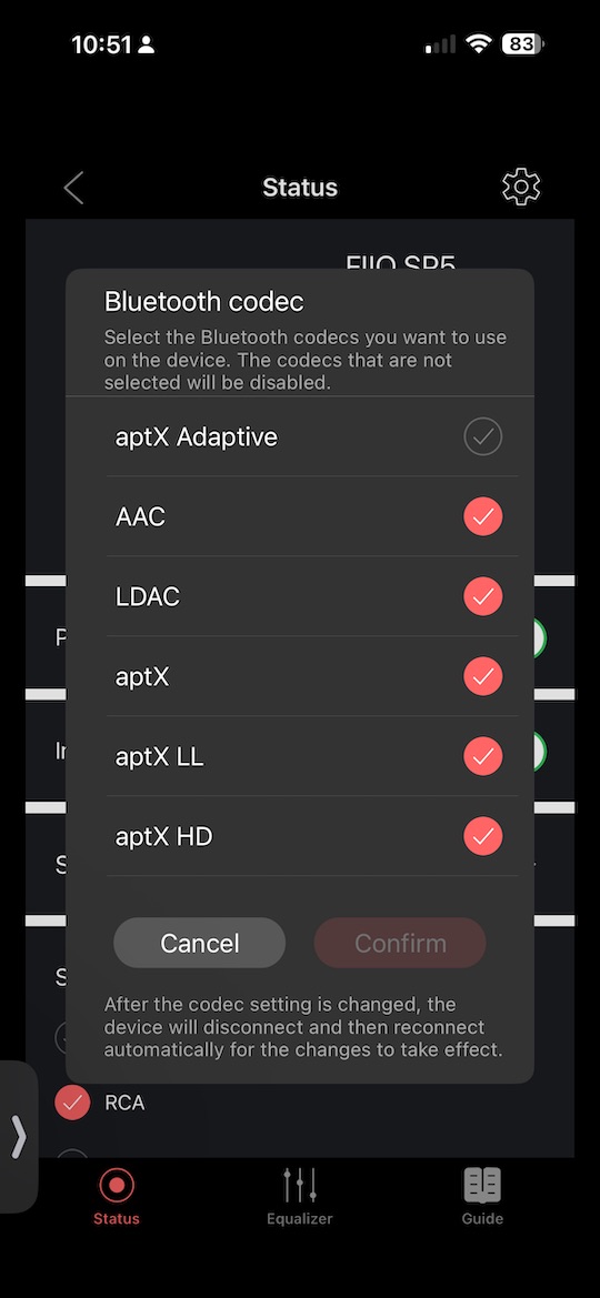 Bluetooth codec selection popup