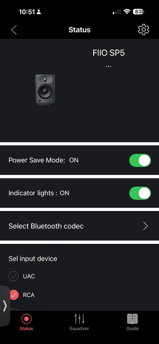 app status screen showing SP5 with power save and input selection