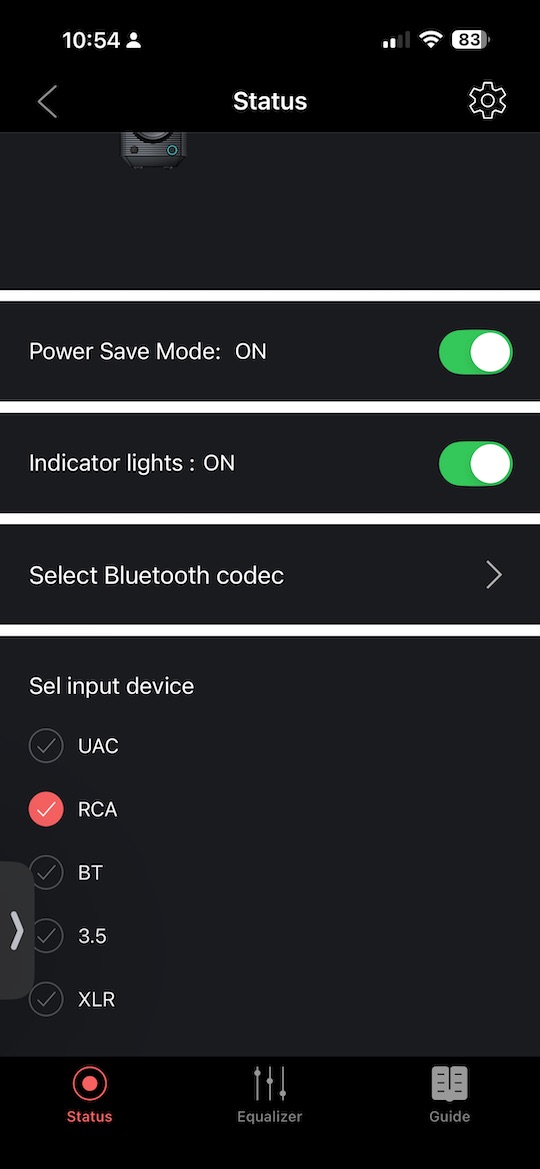 app status screen showing full input device list