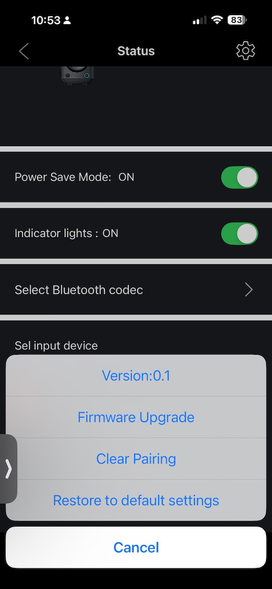 settings popup with version, firmware upgrade, and reset options