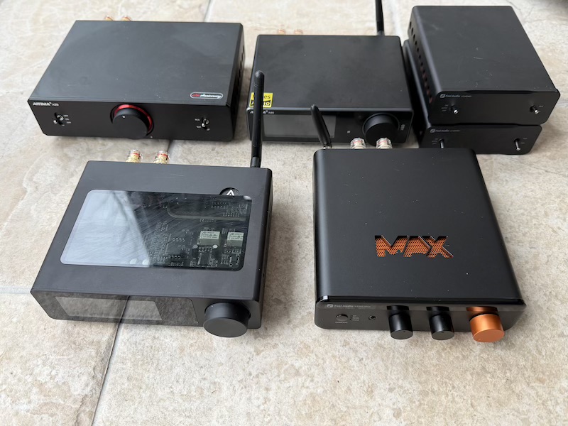BT20A Max alongside the Fosi Audio V3 Monos, Aiyima A20, Ampapa D1, and Aiyima A80