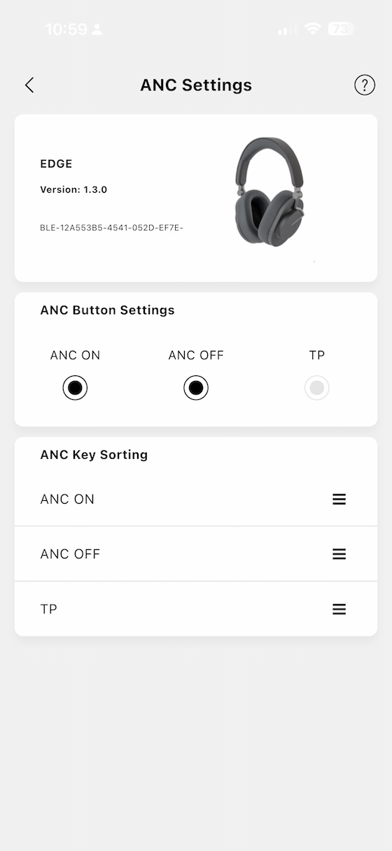 ANC and transparency mode configuration in the app