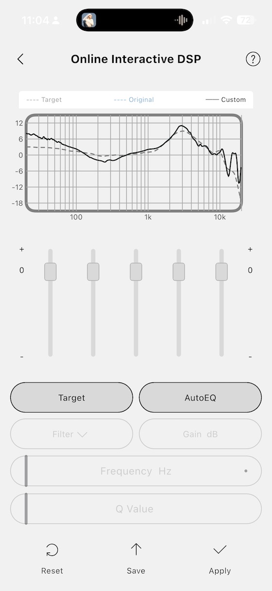 PEQ screen showing five configurable filters