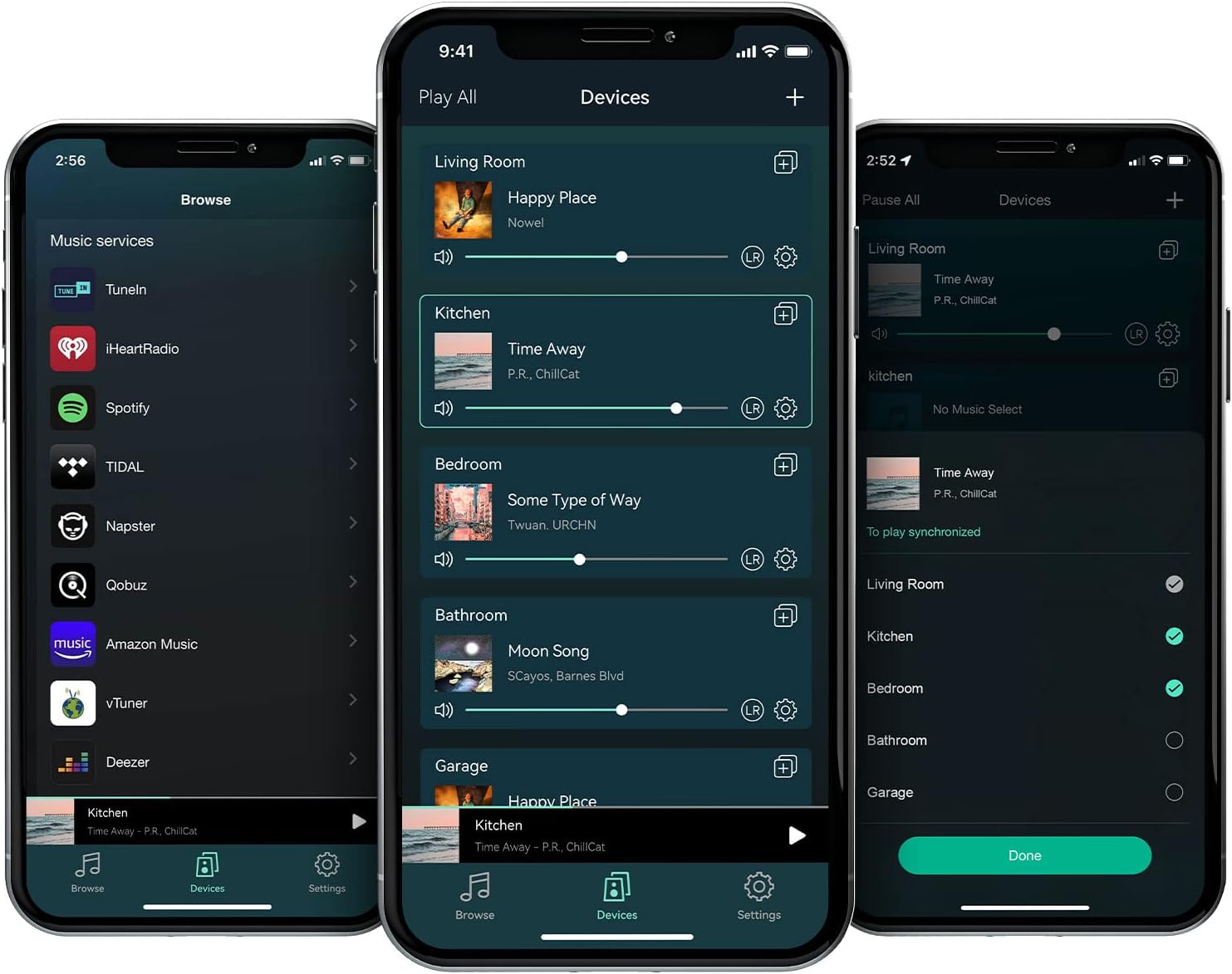 the WiiM Home app’s Browse, Devices and multi-room grouping screens, from my original August 2022 setup