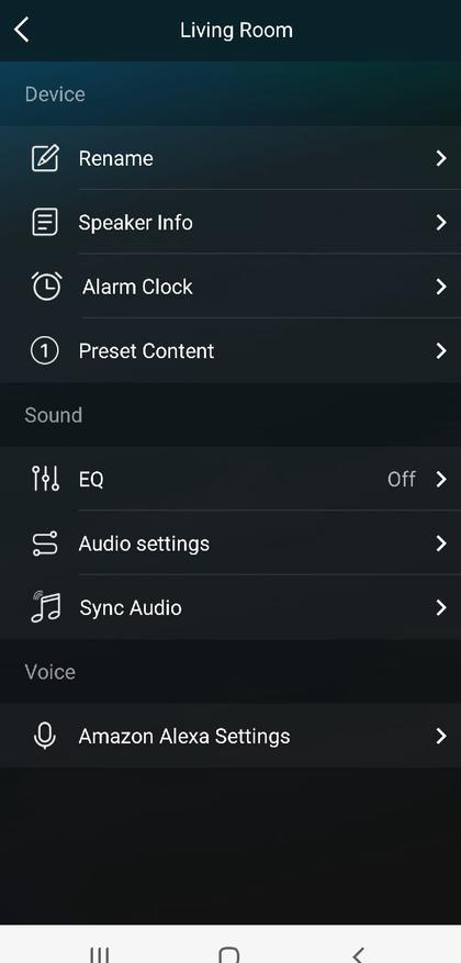 device settings — EQ, audio settings, sync and Alexa voice