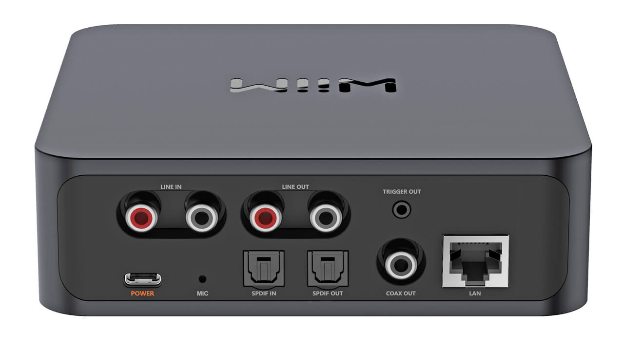 the WiiM Pro rear panel — line in/out, optical in/out, coaxial out, a 12V trigger and wired Ethernet