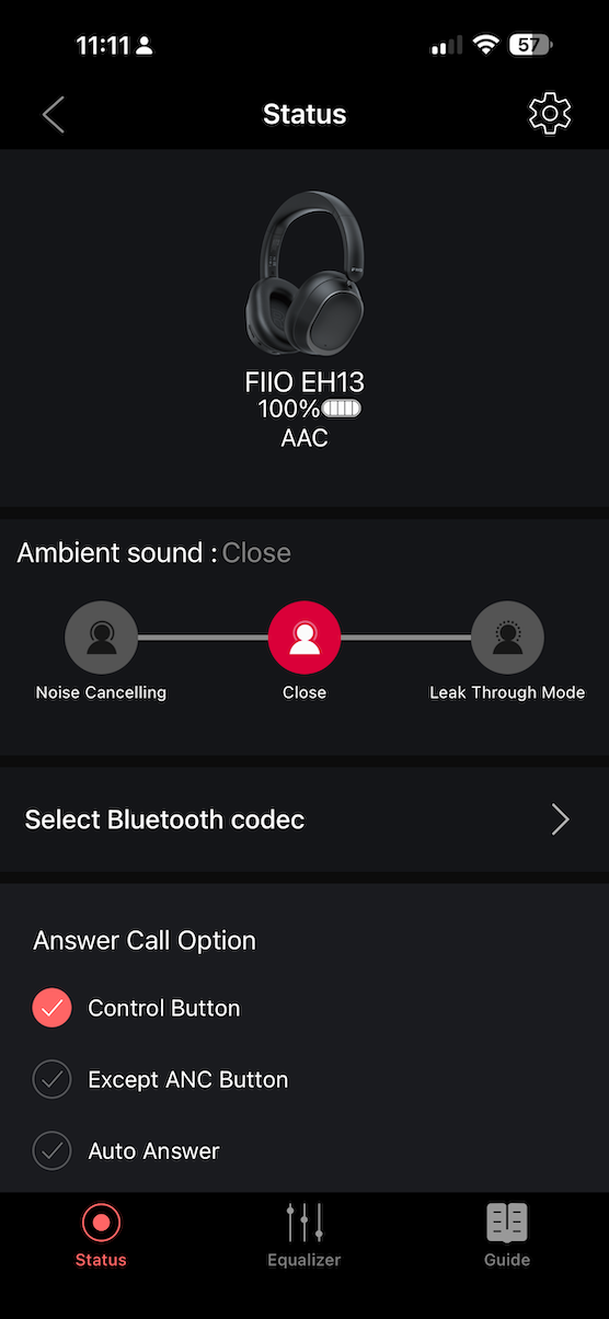 app home screen showing main controls