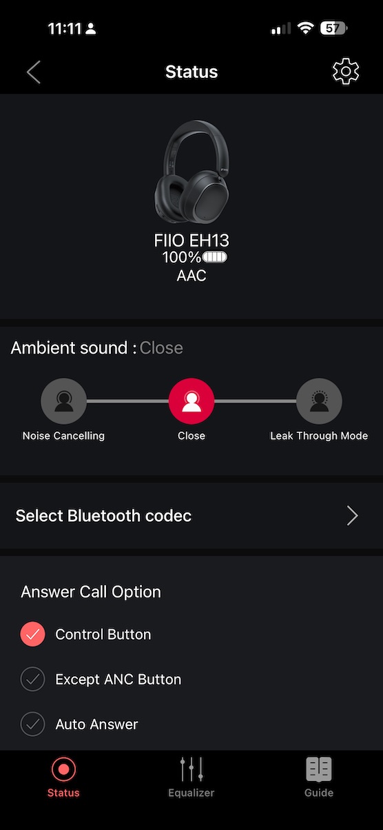 App 主界面——有限的选项，含 ANC、蓝牙选择和按键配置