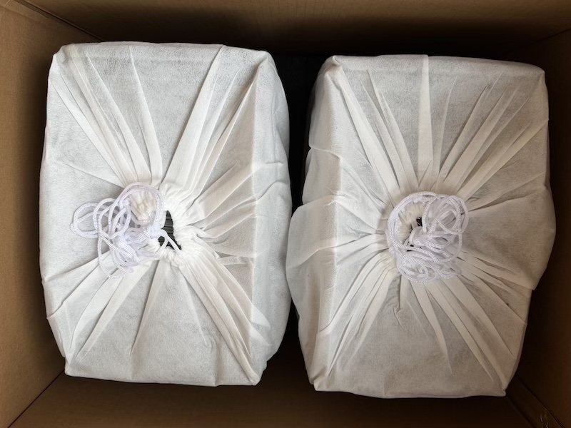 both speakers in cloth bags inside the box