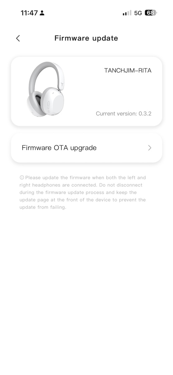 Tanchjim app firmware upgrade screen