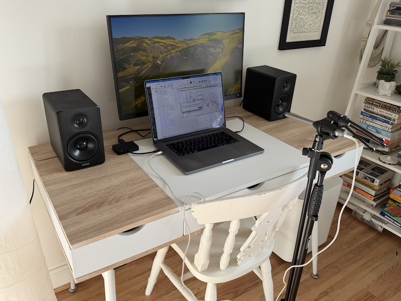 M90 in WFH desktop setup with UMIK-1 measurement mic, view 1