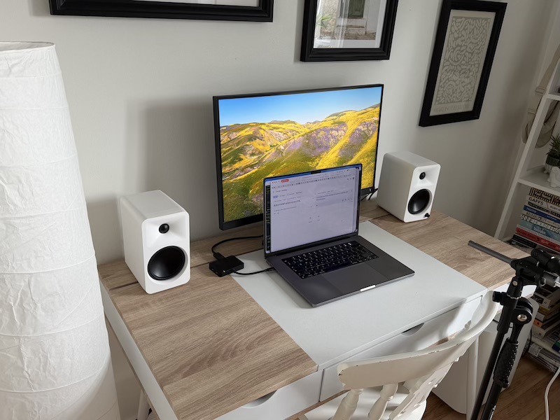 WFH desktop setup with Umik-1 measurement microphone, view 1