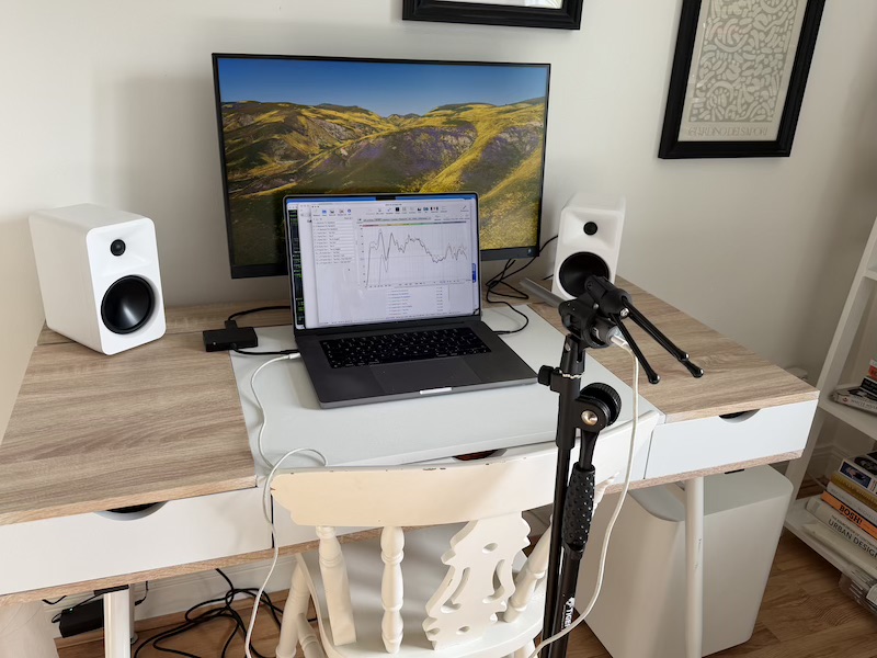 WFH desktop setup with Umik-1 measurement microphone, view 2