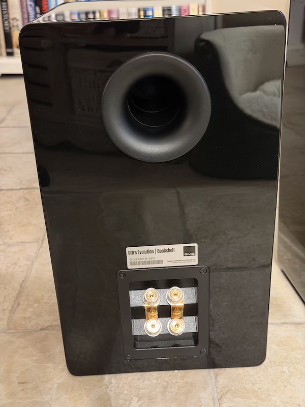 rear of speaker showing the bass port and binding posts