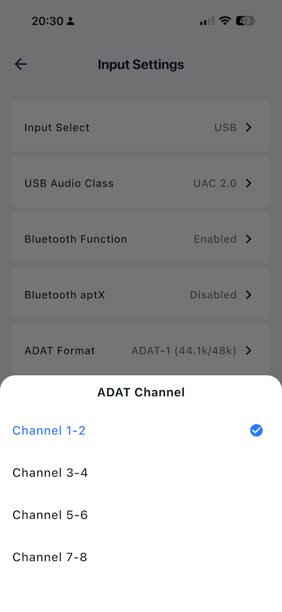 app ADAT channel selection screen