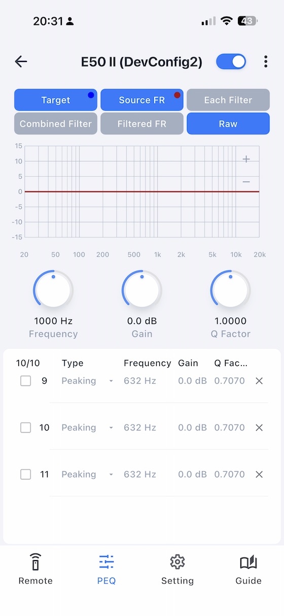 app PEQ with a configured equalisation profile