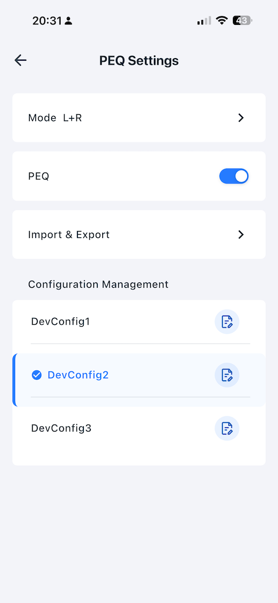 app PEQ settings per band