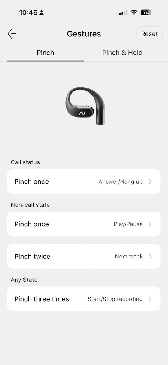 gesture configuration — pinch and pinch-hold customisation