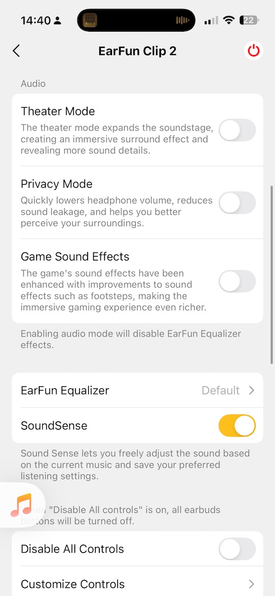 app audio settings showing theater mode