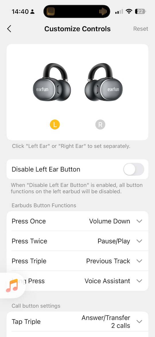 app showing customisable control options