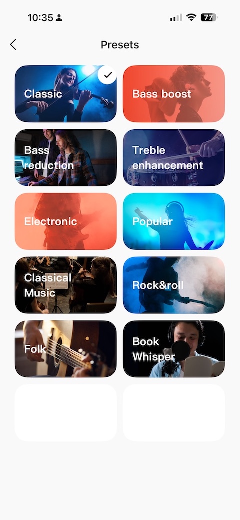 EQ presets list — Classic, Bass Boost, Bass Reduction, Treble Enhancement, Electronic, Popular, Classical Music, Rock&Roll, Folk, Book Whisper