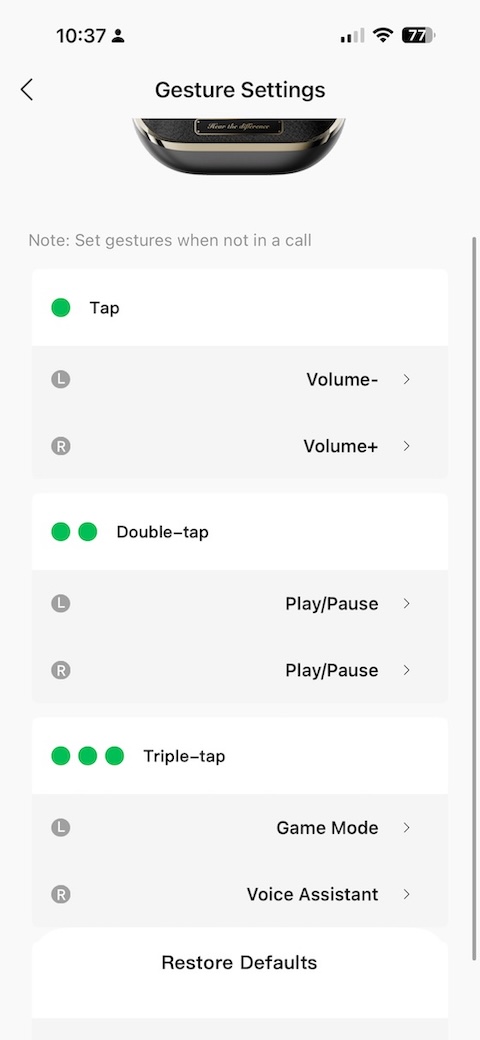 gesture settings screen