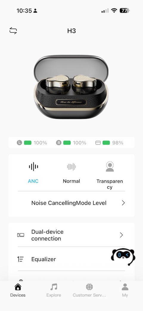 app home screen with battery levels and ANC selector