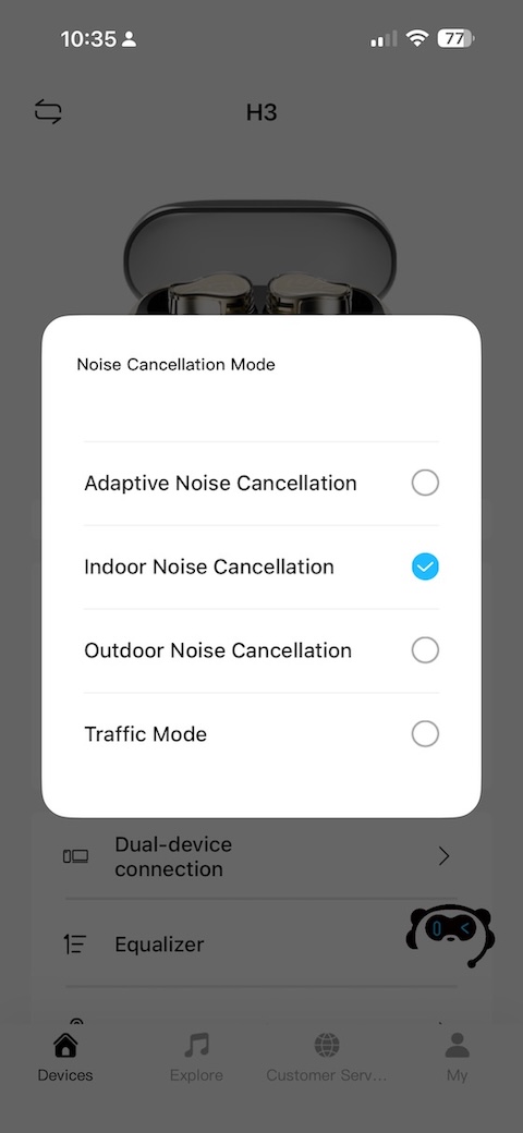 ANC mode selection — Adaptive, Indoor, Outdoor, Traffic