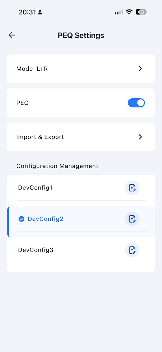 app PEQ settings per band
