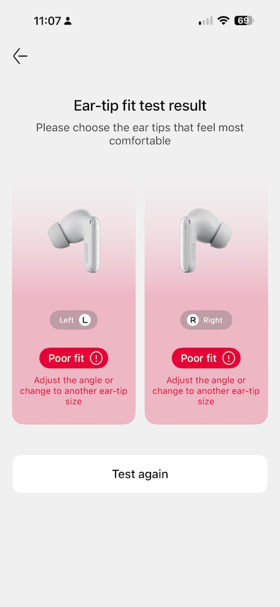 earfit test result — poor fit with default medium tips