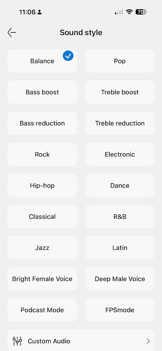 Sound style preset selection — 18 presets available
