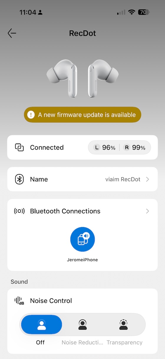 app home screen showing firmware update available