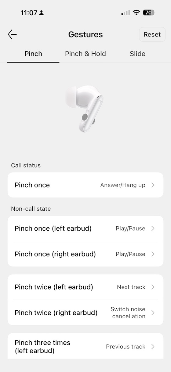 gesture config — Pinch tab showing per-earbud assignments