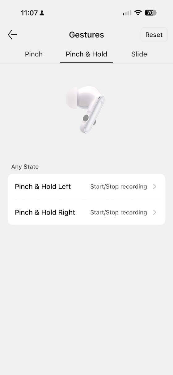 gesture config — Pinch & Hold tab