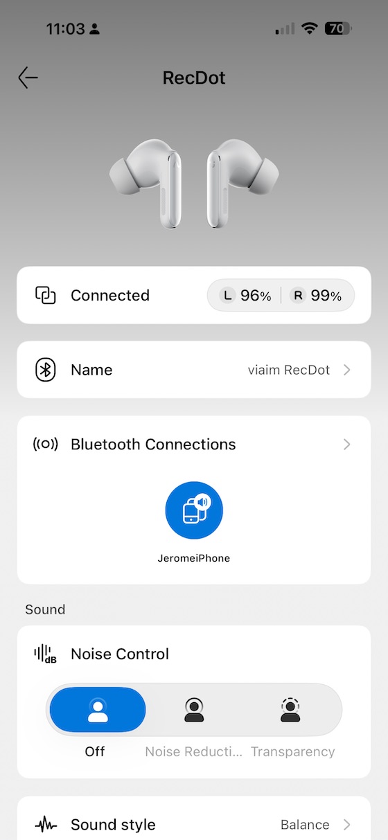 app home screen showing Bluetooth connections and battery levels