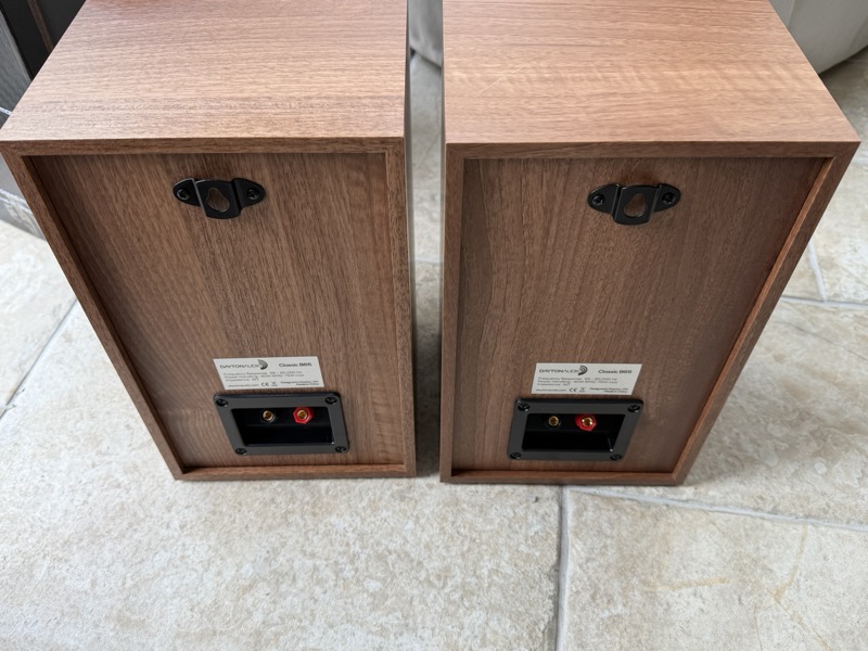 the rear of both speakers, showing the wall-mount keyhole bracket and recessed terminal cup