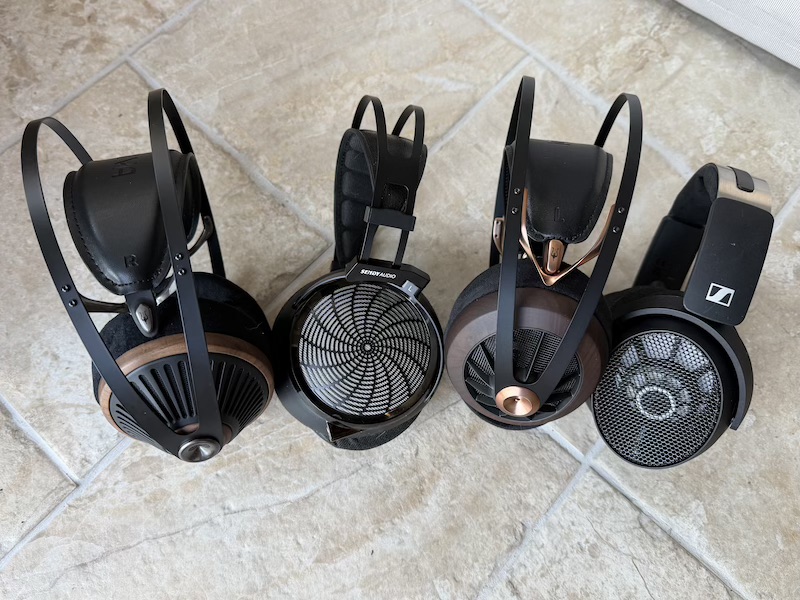 the Sennheiser HD490 Pro, Sendy Audio Apollo Pro, Meze 105 SILVA, and Meze 109 Pro side by side