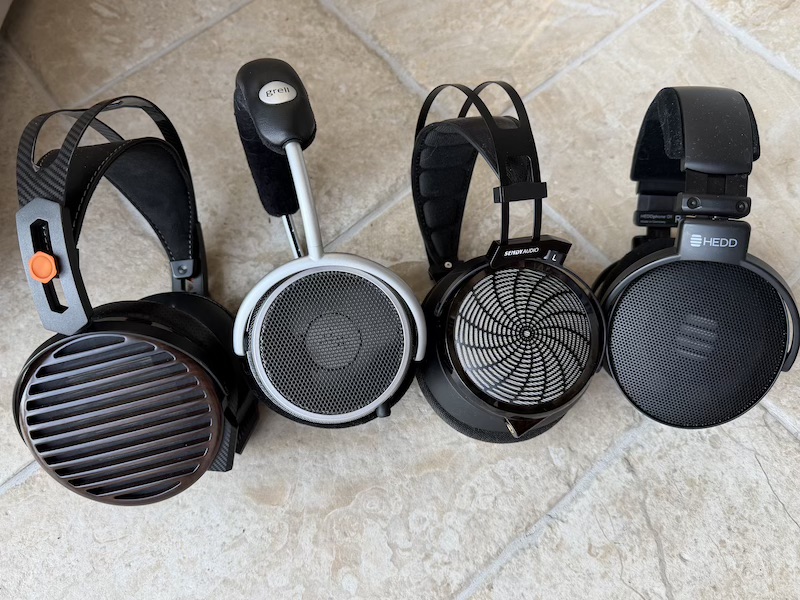 the FiiO FT7, Grell Audio OAE2, Sendy Audio Apollo Pro, and HEDD Audio HEDDphone D1 side by side