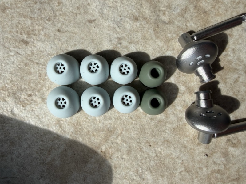 the spare silicone eartips in multiple sizes, alongside the two earpieces