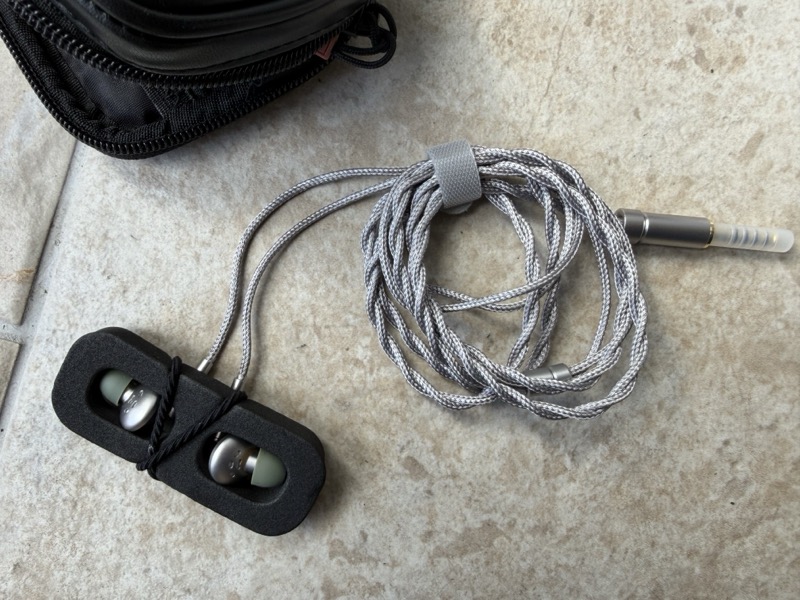 the earpieces seated in their foam travel holder, with the coiled cable and the case alongside