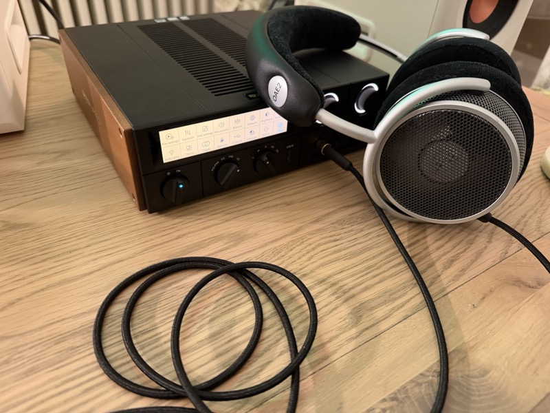 the grell oae2 beside the fiio k17 r2r on a desk, connected by its braided cable