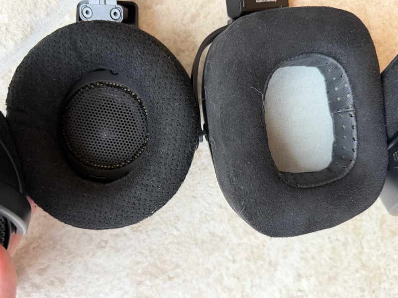 the D1’s round earpad and driver beside the TWO GT’s rectangular AMT opening